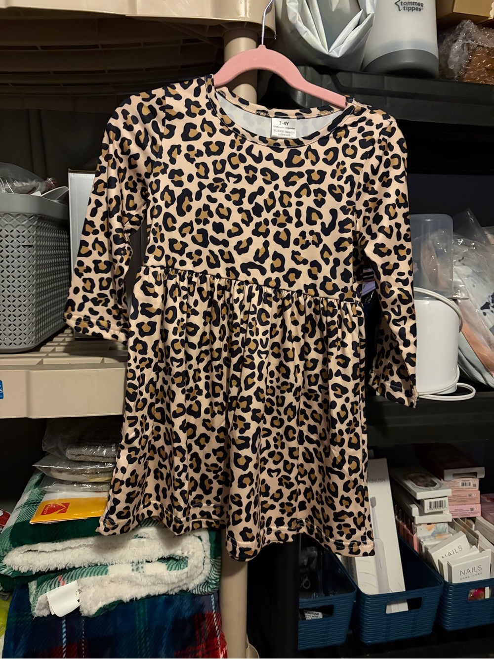 Girls' Leopard Print Long-Sleeve Dress - Tan/Black